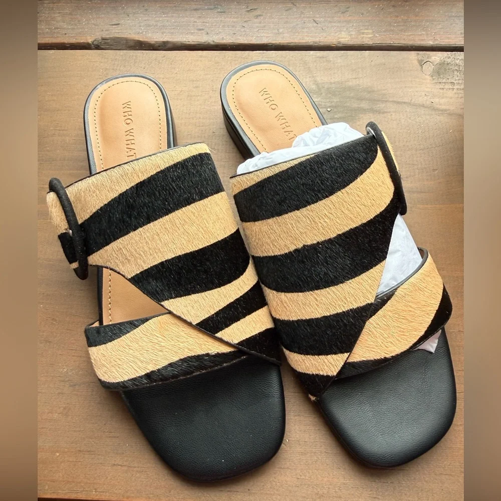 Who What Wear Black and Tan Zebra-Stripe Slide Sandals - Picture 1 of 7